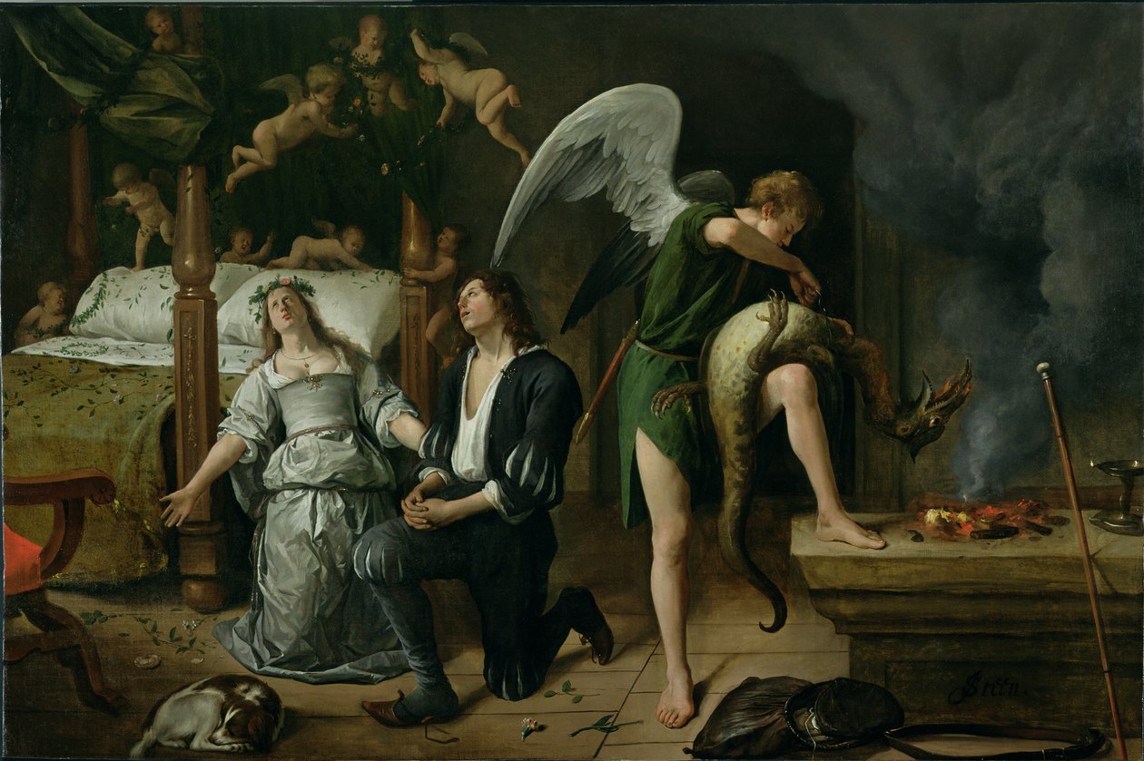 Tobias en Sarah met de aartsengel Raphael die de demon Asmodeus uitdrijft, gerestaureerde versie (voor restauratie) door Jan Havickszoon Steen