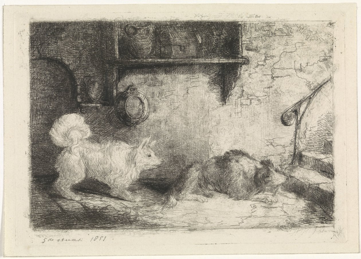 prent met twee honden door Jan Karel Jacob de Jonge