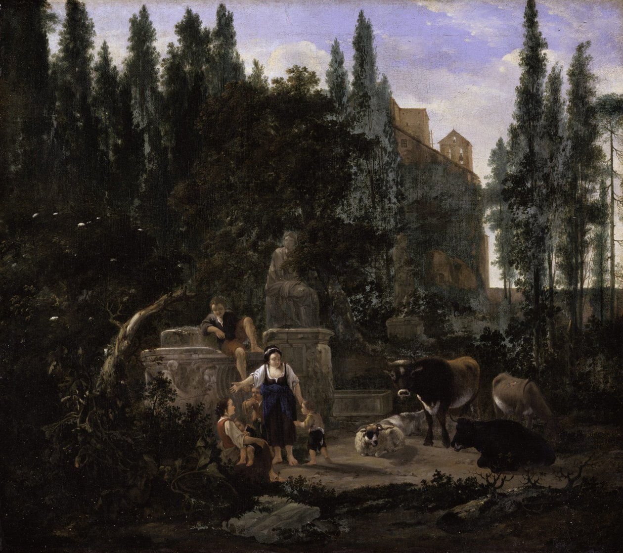 Een Italiaans landschap met figuren en vee door Jan Lapp