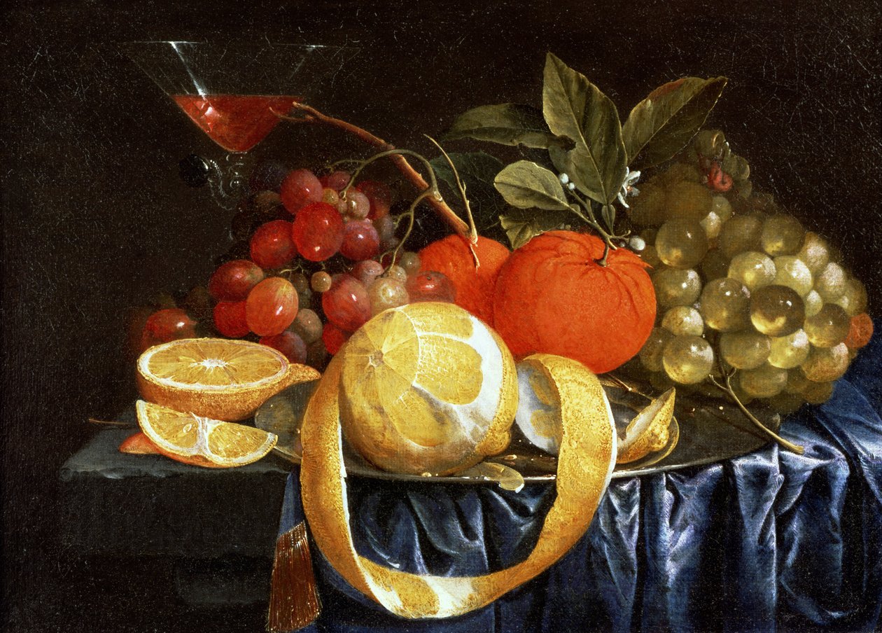 Stilleven van druiven, sinaasappels en een gepelde citroen door Jan Pauwel the elder Gillemans