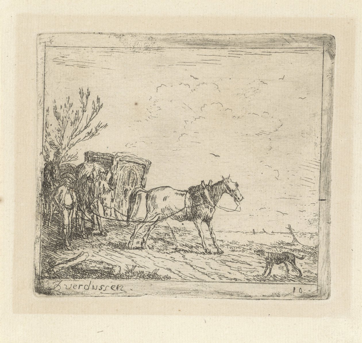 Kar met urinerend paard in een landschap door Jan Peeter Verdussen