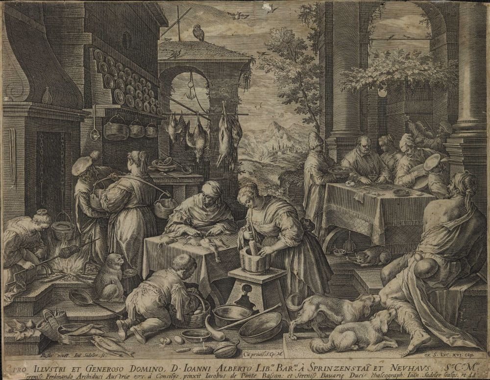 De weelderige veelvraat aan tafel en de bedelaar Lazarus uit de serie Keukenscènes door Jan Sadeler