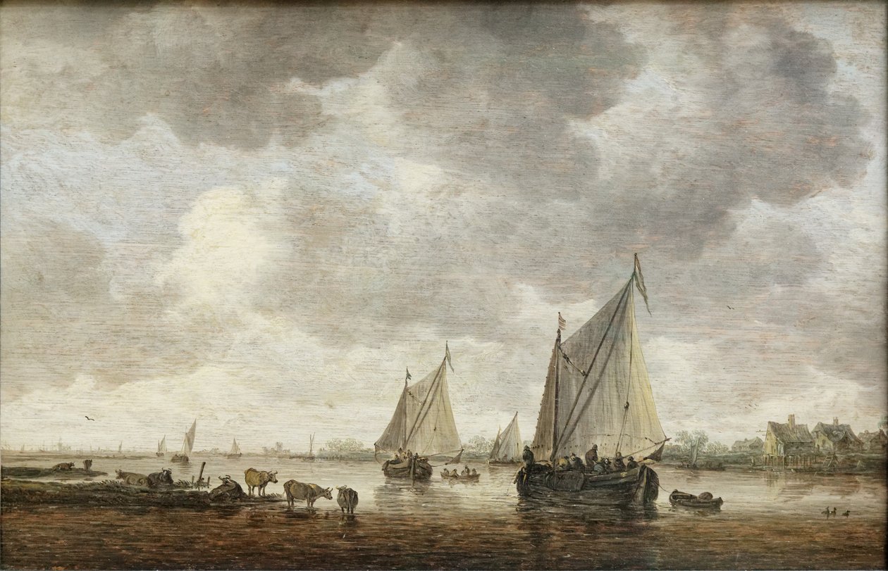 Twee grote zeilboten op een rivier en vee bij de oever door Jan Josephsz van Goyen