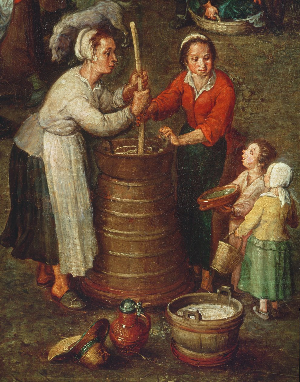Het Plattelandsleven (detail van boeren die melk karnen) door Jan the Elder Brueghel