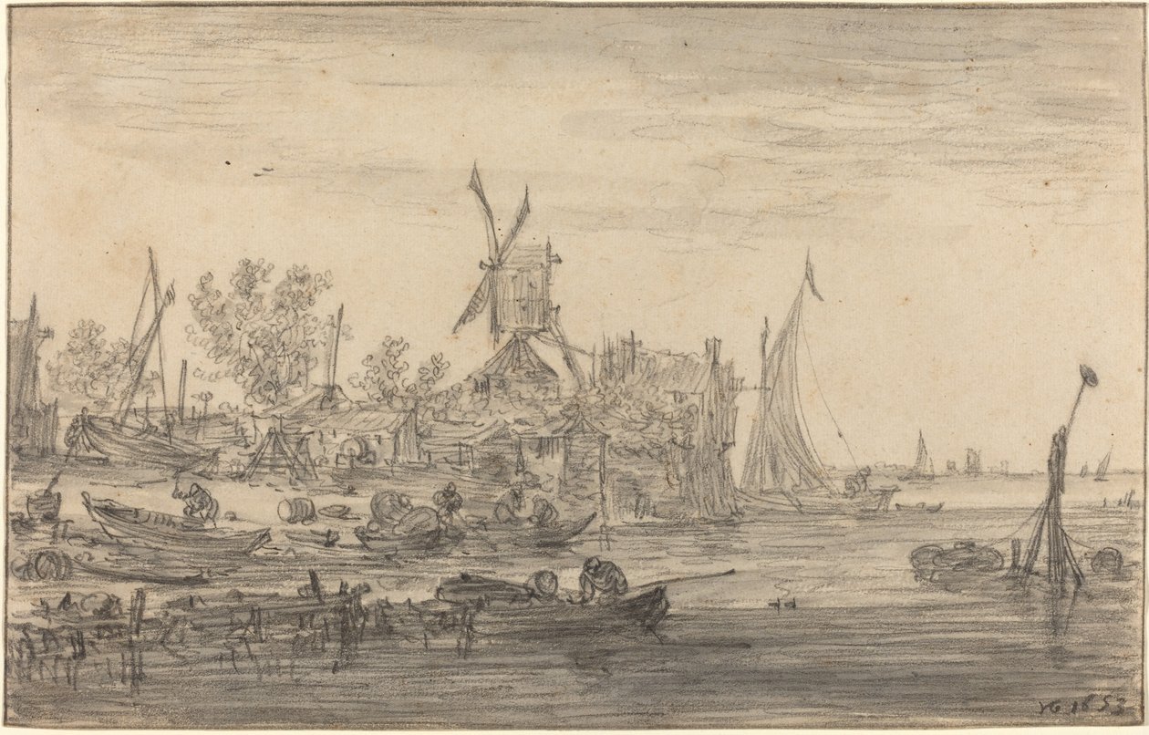 Kustscène met windmolen door Jan Josephsz van Goyen