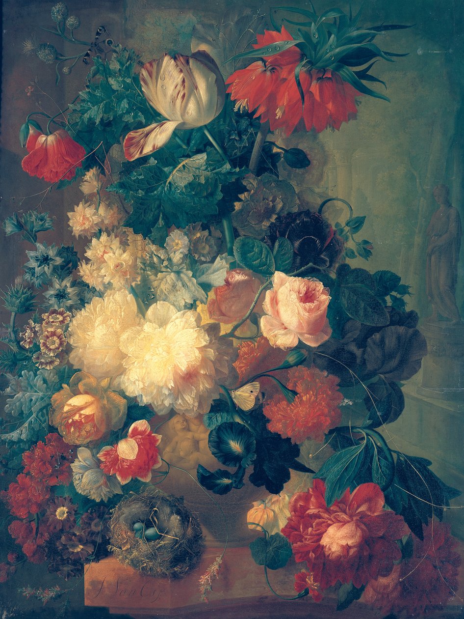 Bloemen in een Vaas met een Vogelnest door Jan van Os