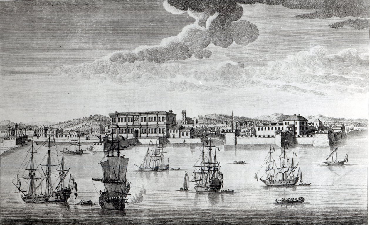 Bombay aan de Malabarkust, behorend tot de Oost-Indische Compagnie van Engeland, 1754 door Jan van Ryne