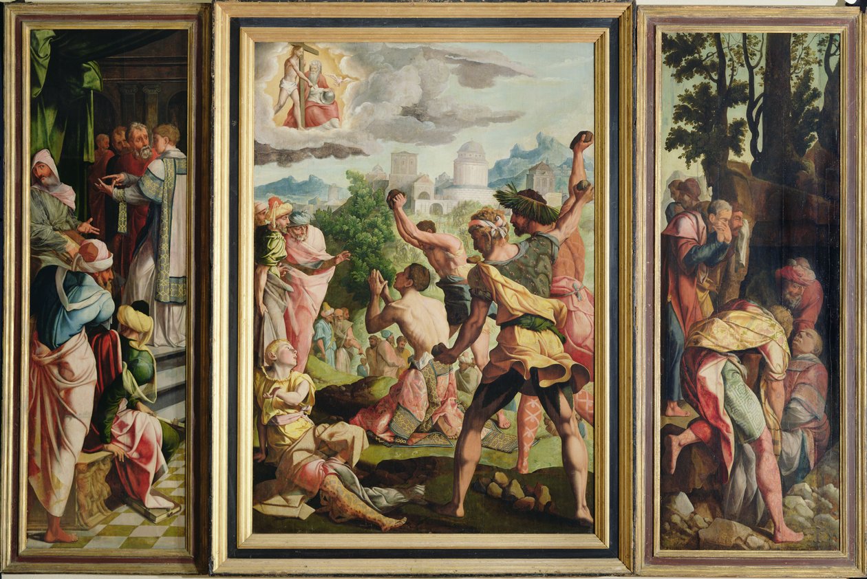 De preek, steniging en begrafenis van St. Stefanus, uit het Polyptiek van St. Stefanus en St. Jacobus de Meerdere, c.1541 door Jan van Scorel