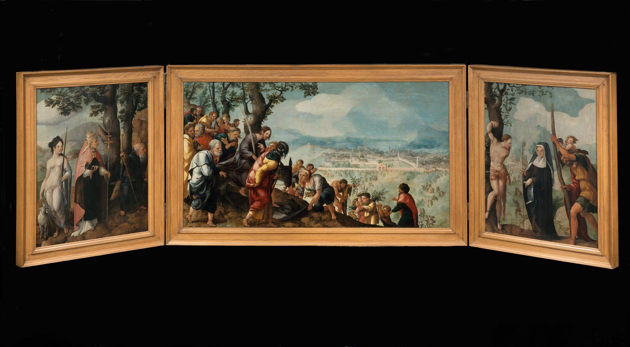 Drieluik met De Intocht van Christus in Jeruzalem, heiligen en op de buitenkant van de vleugels, beschermheren van de familie Van Lokhorst door Jan van Scorel