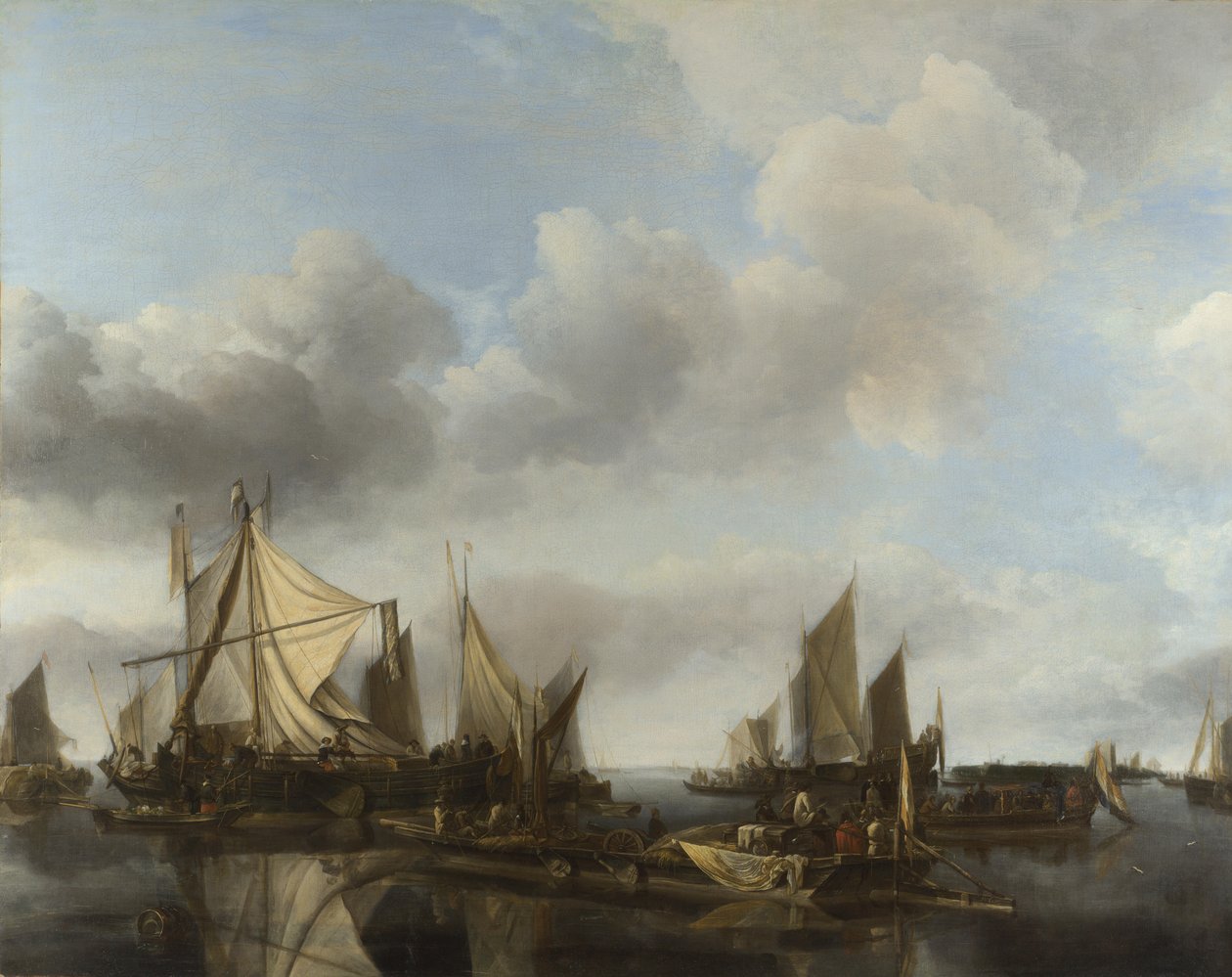 Een rivierlandschap met een grote veerboot en talrijke schepen door Jan van de Cappelle