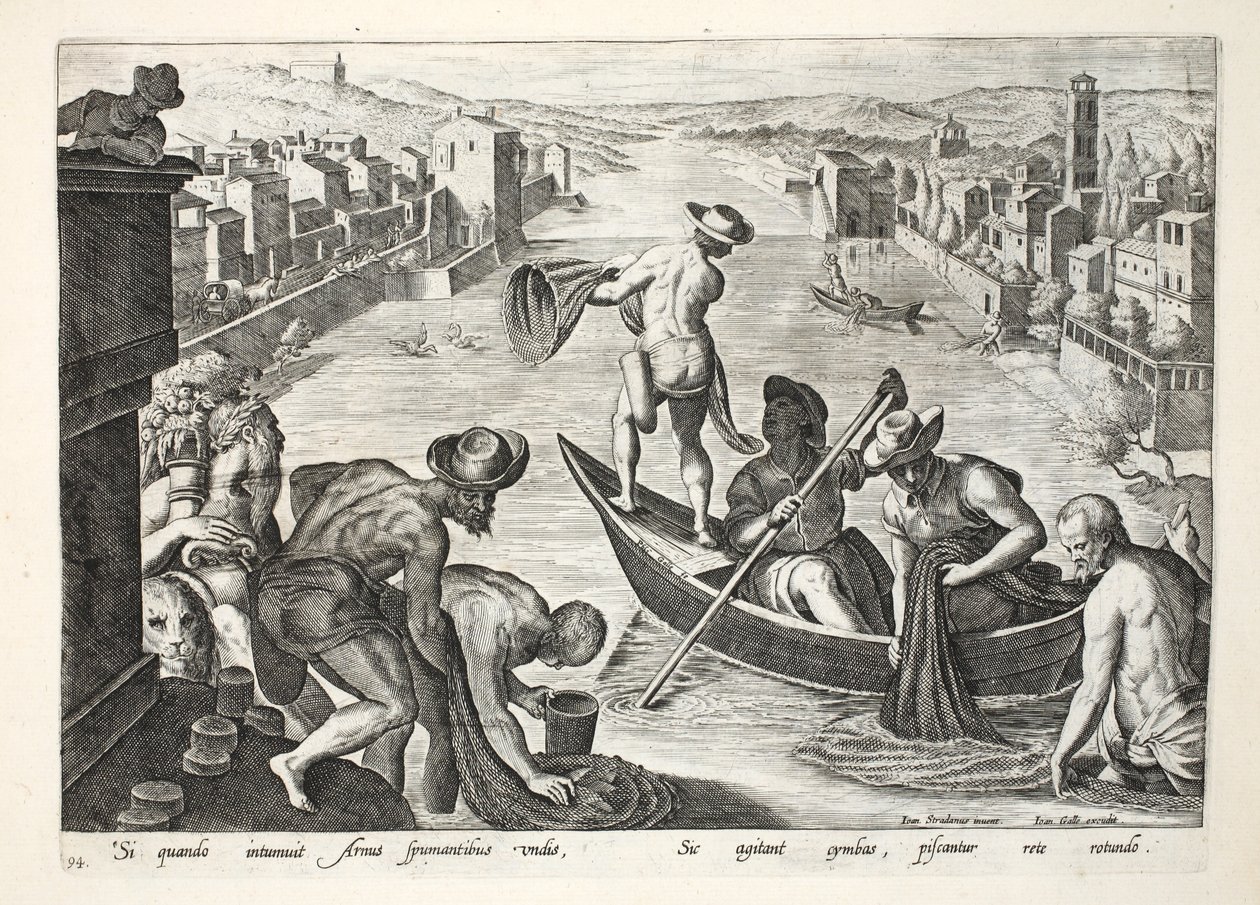 Vissen op de Arno met boten en netten, illustratie uit 