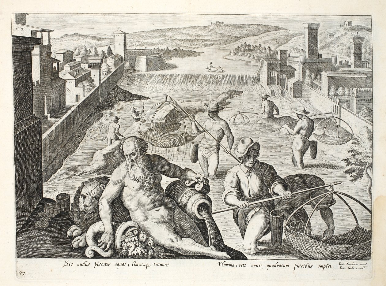 Methode om vis te vangen in ondiep water met vierkante netten, illustratie uit 