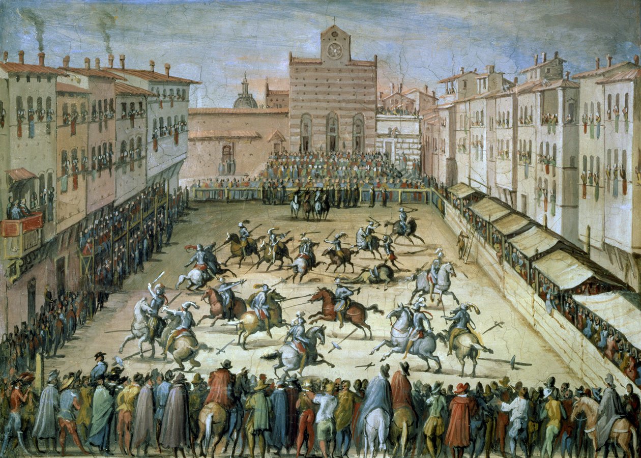 Het steekspel op het Piazza Santa Croce, Florence, 1555 door Jan van der Straet
