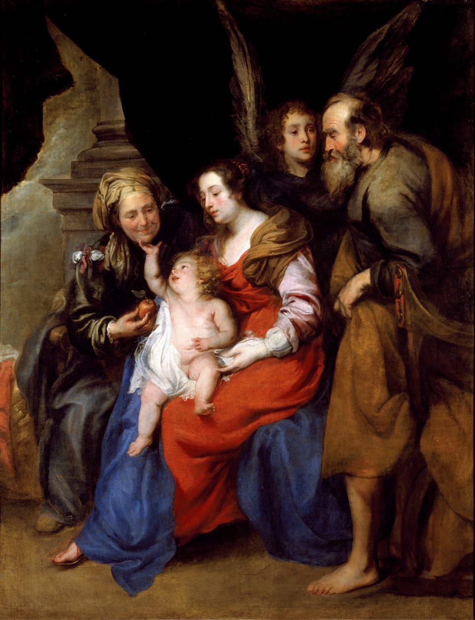 Portret van de heilige familie met Sint Anna, moeder van Maria en een engel door Jan Roos