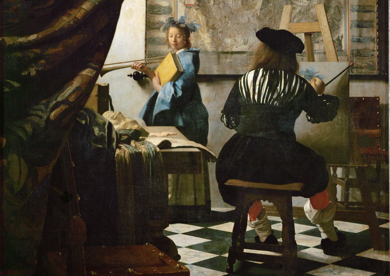 De schilder en zijn model als Klio (olieverf op doek) door Jan (1632-75) Vermeer