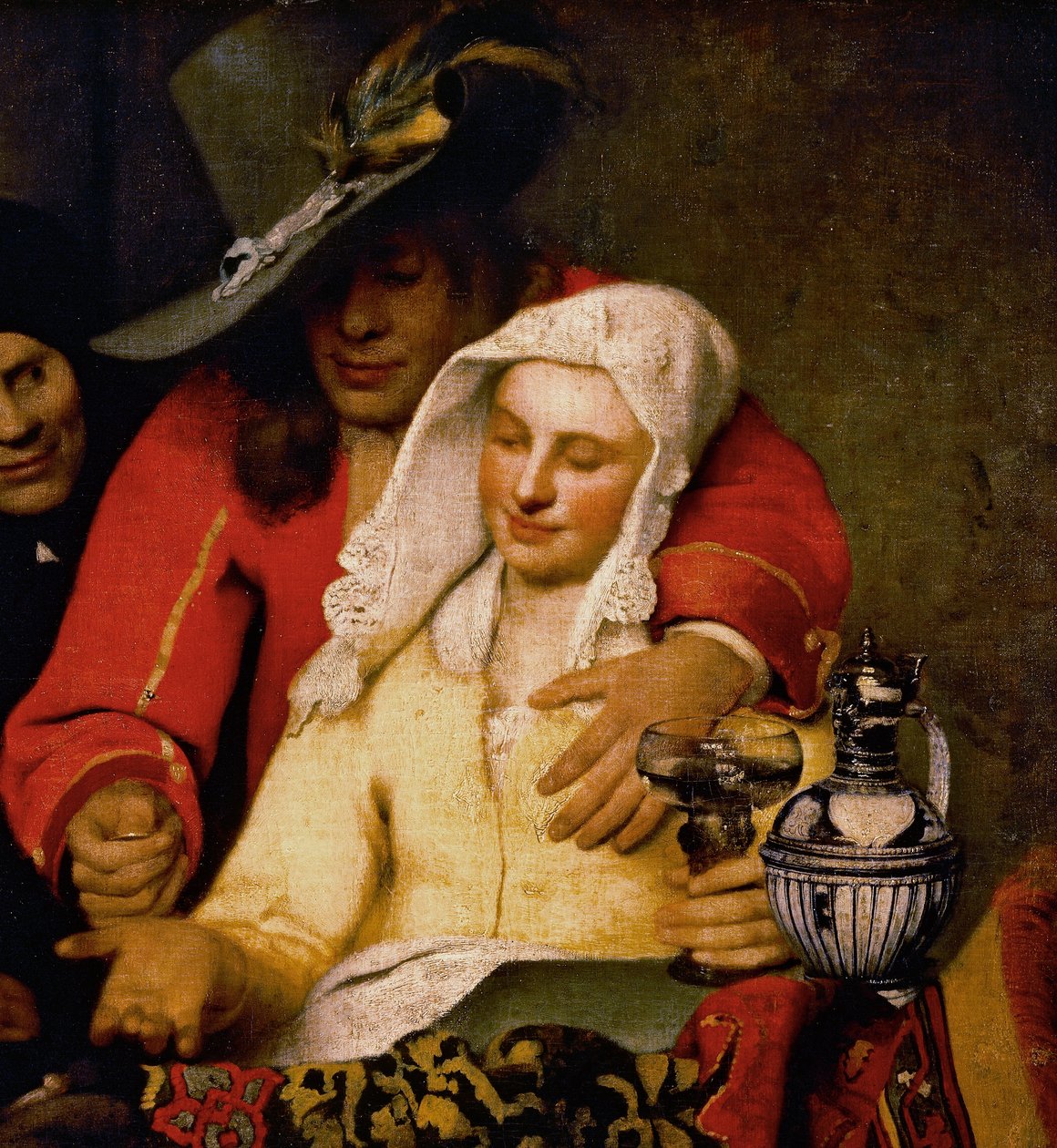 Een man reikt een munt aan een vrouw die haar borst aanraakt (detail) door Johannes Vermeer