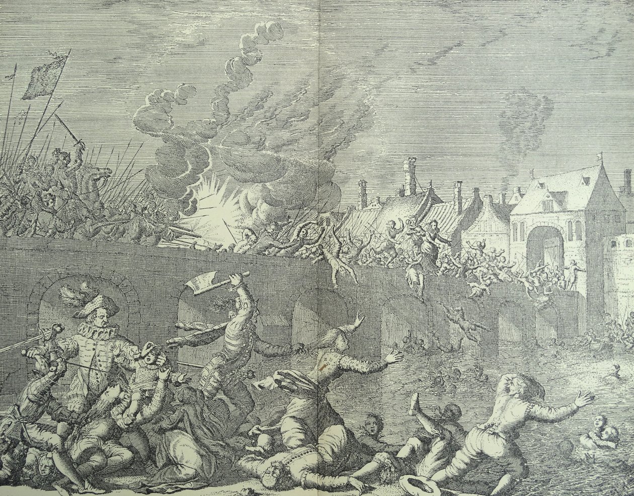 Maastricht, Nederland wordt geplunderd door de Prins van Parma door Jan (after) Luyken
