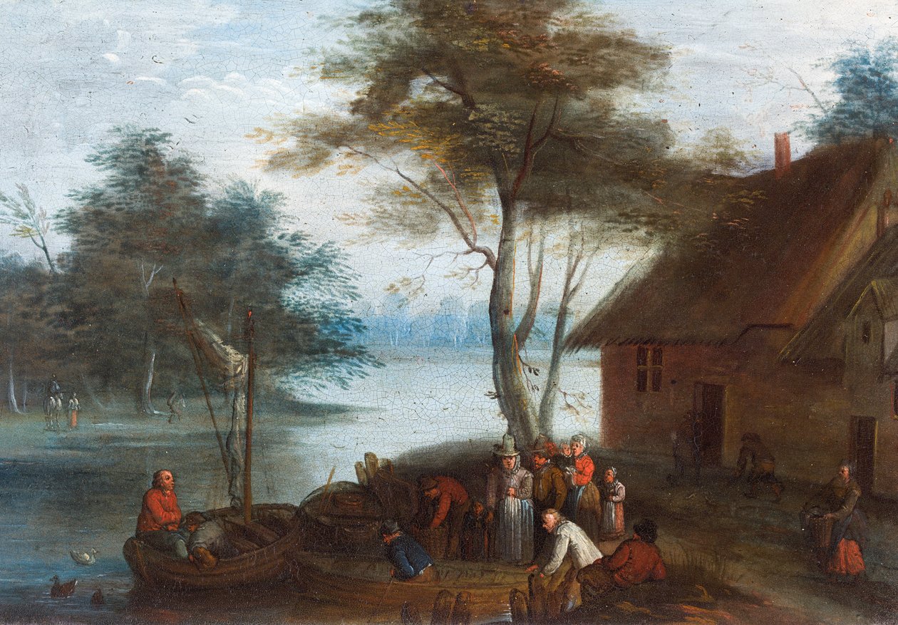 Een rivierlandschap met figuren bij een gebouw die in boten stappen door Jan (follower of) Brueghel