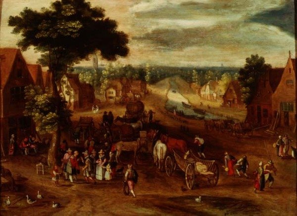 Een dorp met reizigers buiten een herberg door Jan (follower of) Brueghel