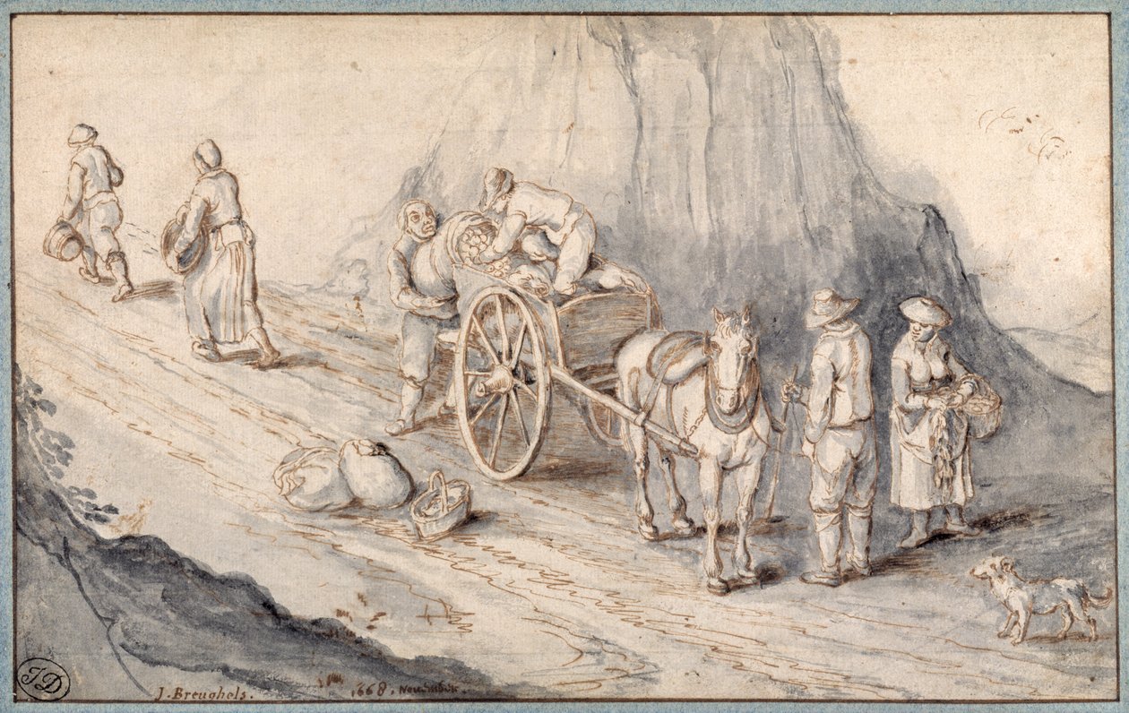 Boeren laden een eenpaardkar met wortelgroenten door Jan (follower of) Brueghel