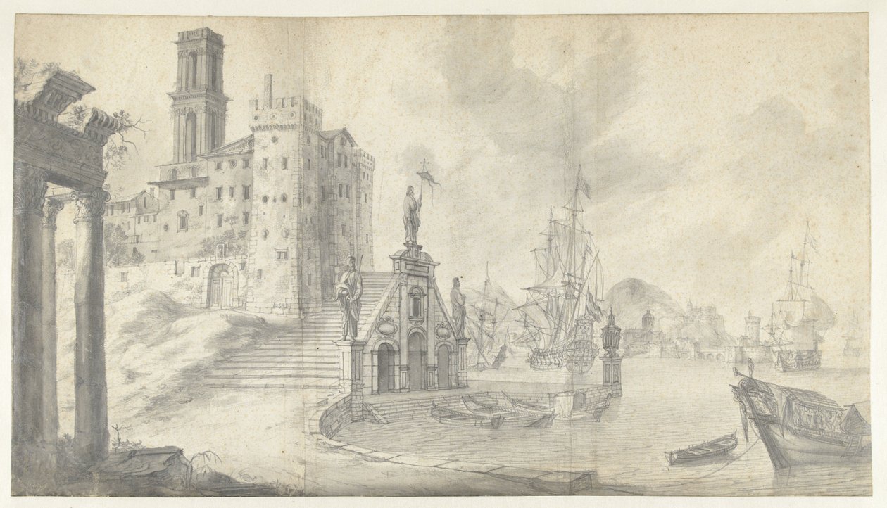 Havengezicht in stad aan de Middellandse Zee door Jan Abrahamsz. Beerstraten