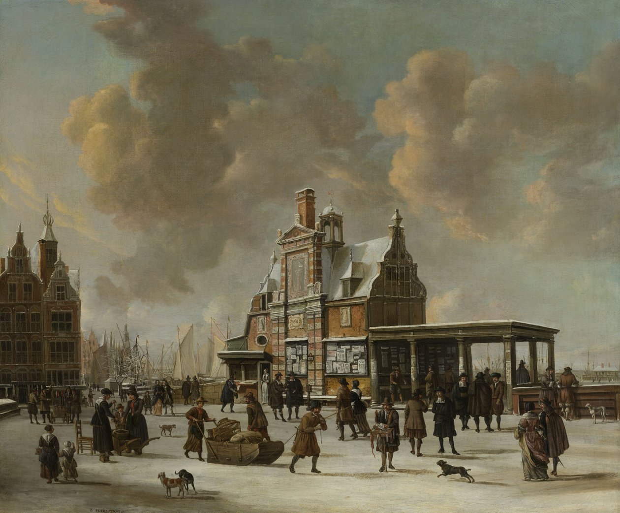 Het Paalhuis en de Nieuwe Brug, Amsterdam, in de Winter door Jan Abrahamsz. Beerstraten