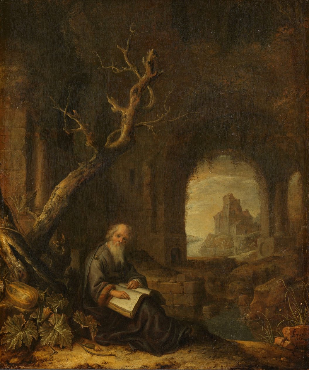 Een kluizenaar in een ruïne door Jan Adriansz van Staveren