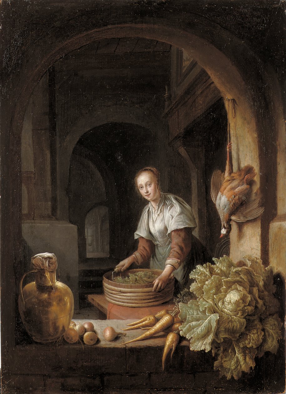 Een dienstmeid bereidt groenten in een keuken door Jan Adriansz van Staveren