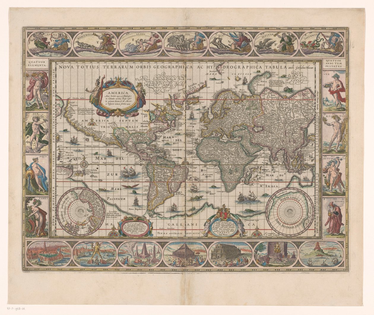 Wereldkaart met decoratieve randen door Jan Aertse van den Ende