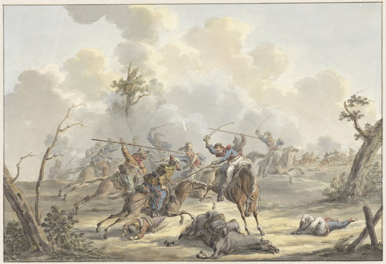 Aanval tussen Kozakken van de Krim en Franse Rijdende Artillerie door Jan Anthonie Langendijk Dzn