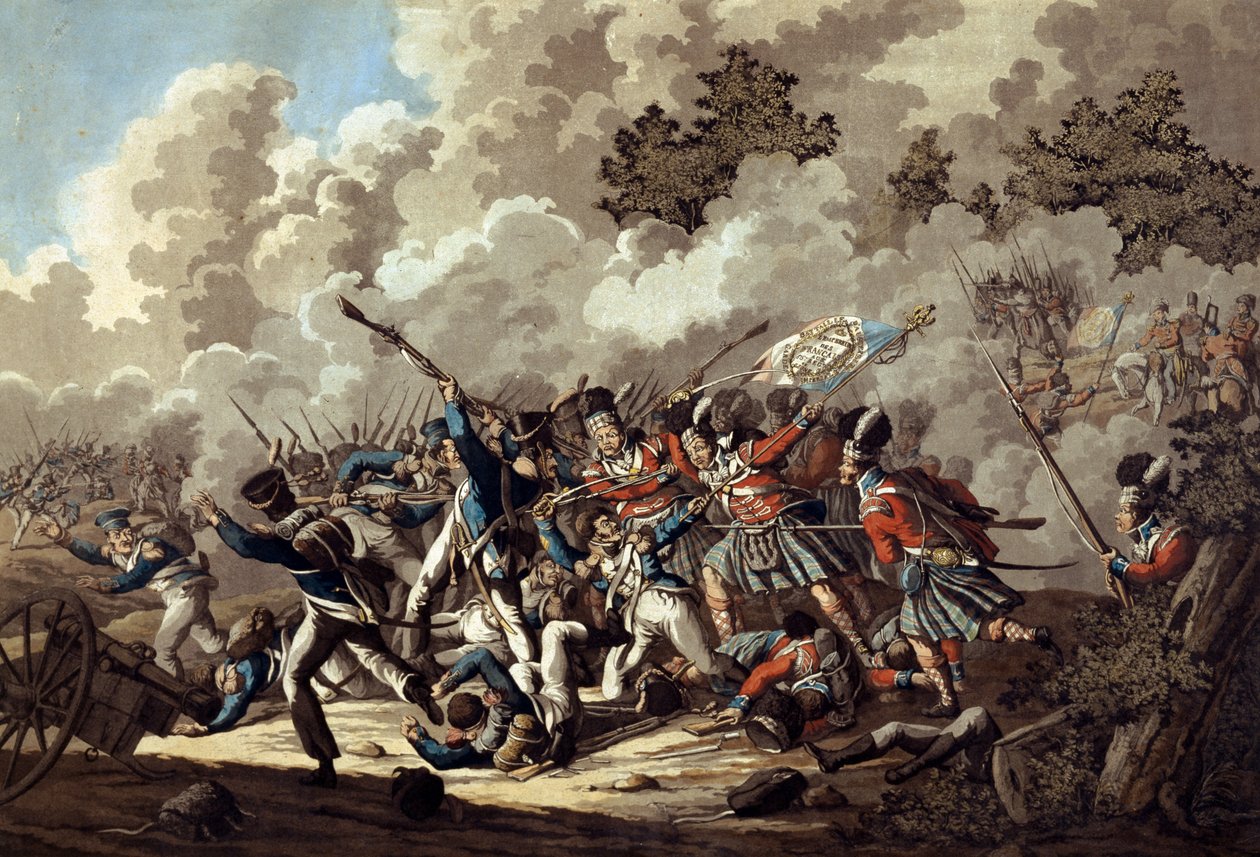 Nederlaag van de Franse Garde door de Hooglanders, La Haye Sainte, tijdens de Slag bij Waterloo, 1815 door Jan Anthonie Langendyk
