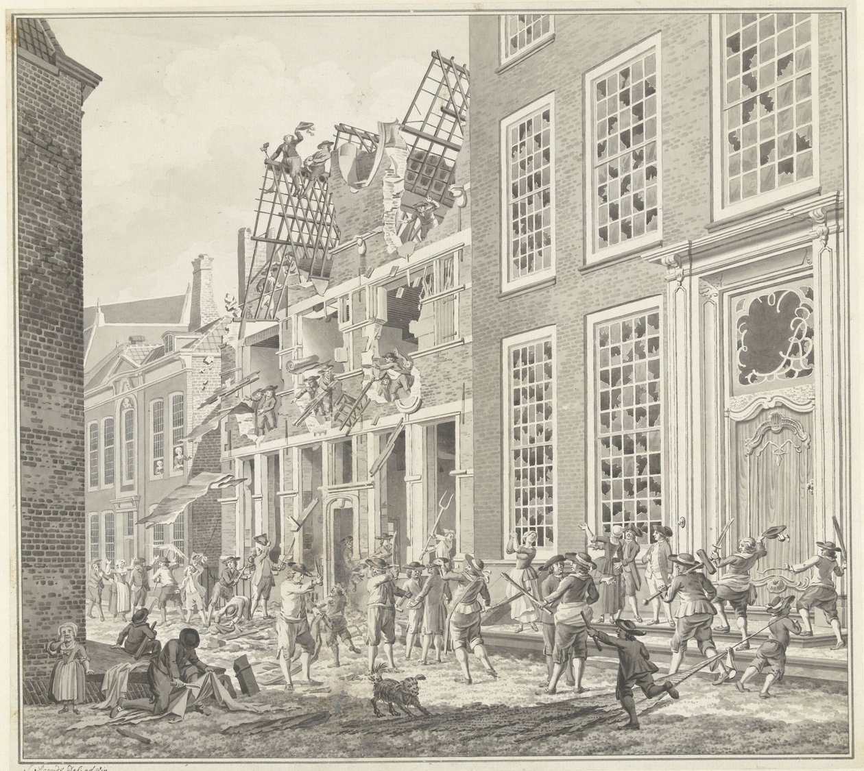 Plundering van het huis van Lucas van Steveninck, 1787 door Jan Arends (signed by artist)