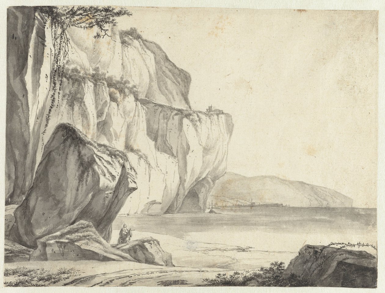 Kustgezicht met uit het water oprijzende rotsen door Jan Asselijn (attributed to)