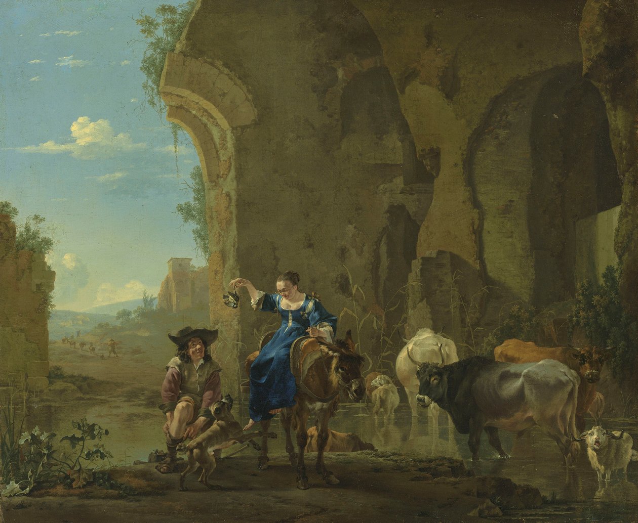 Italianiserend landschap met reizigers bij een beek met vee door Jan Asselijn