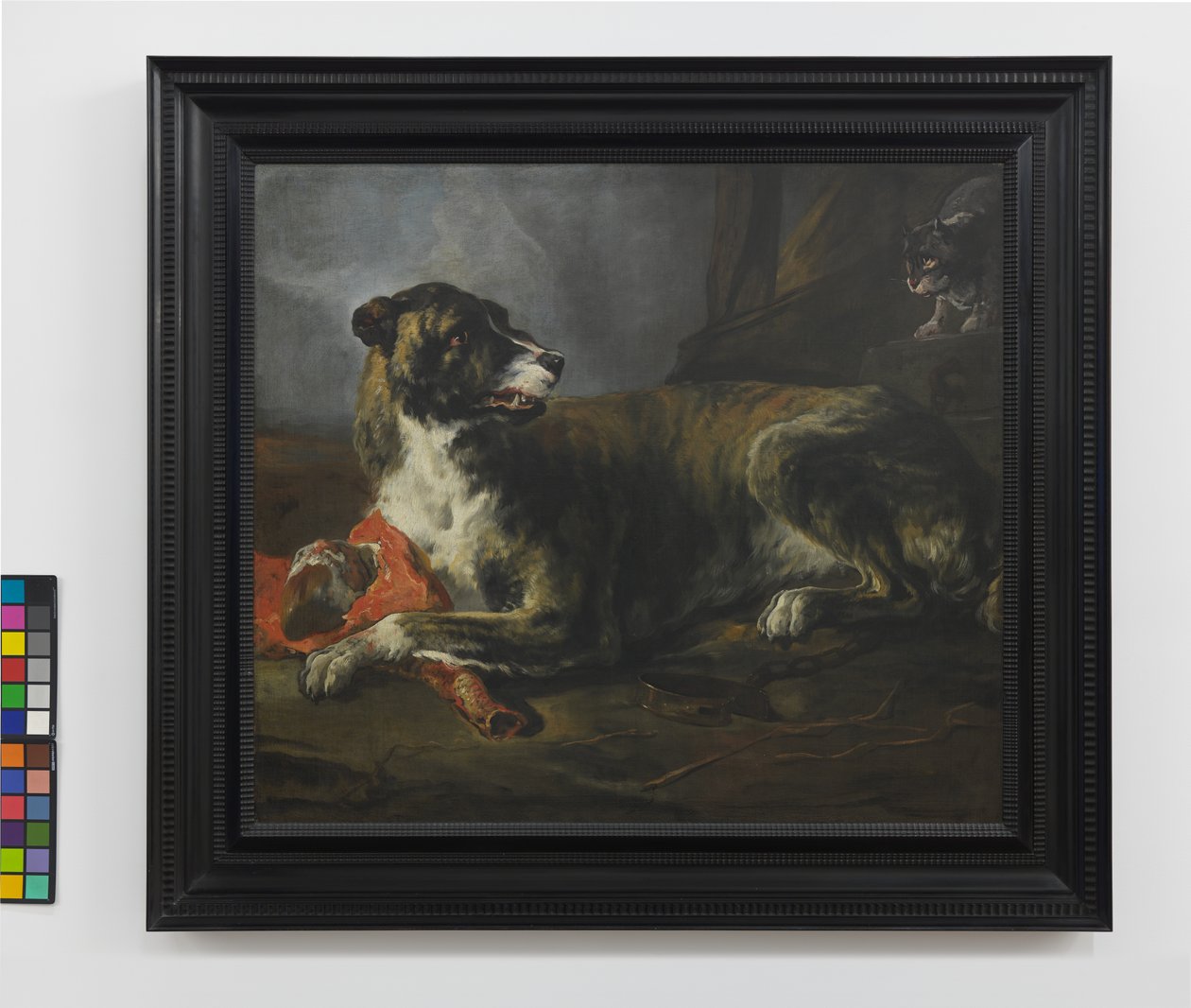 Een zwijnenhond met een stuk vlees bij een woedende kat, ca.1647-55 door Jan Baptist Weenix