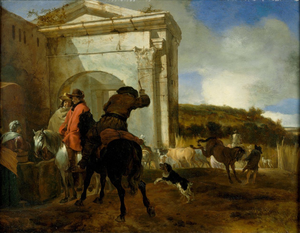 Italiaans landschap met ruiters bij een bron door Jan Baptist Weenix