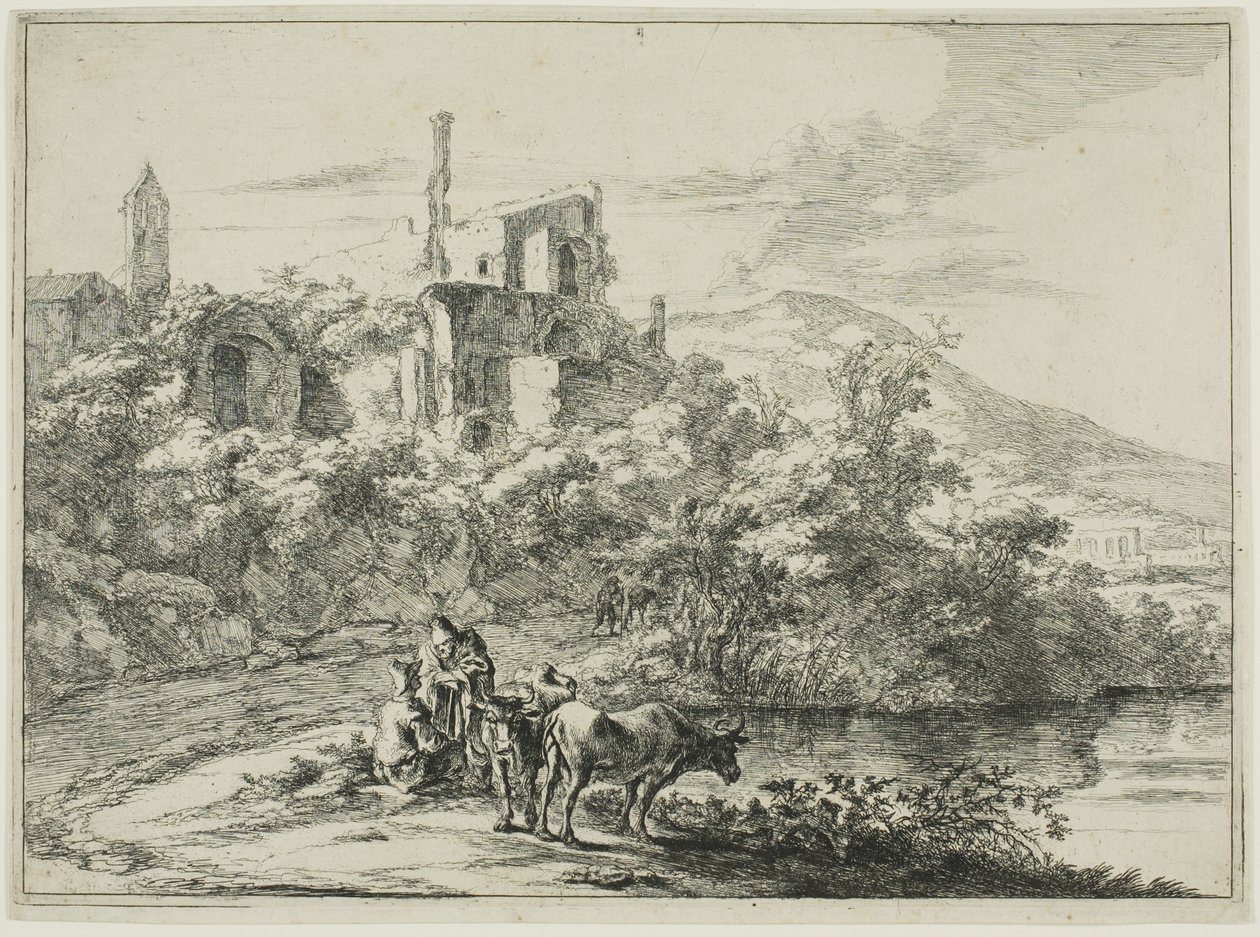 Landschap met Ruïnes en Twee Koeien aan de Waterkant, uit een serie van vier horizontale Romeinse Landschappen door Jan Both