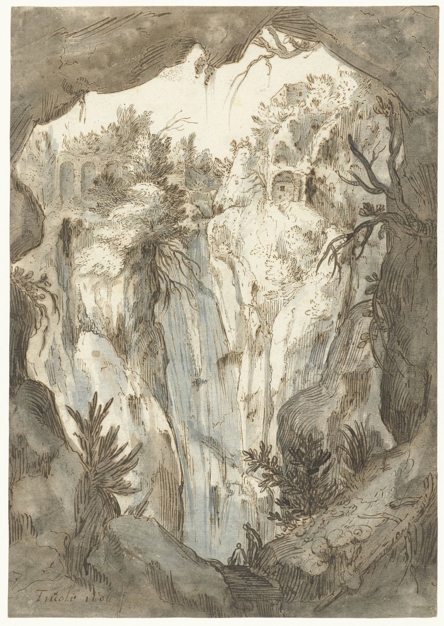 Waterval van Tivoli gezien vanuit een grot door Jan Brueghel (I) (attributed to)