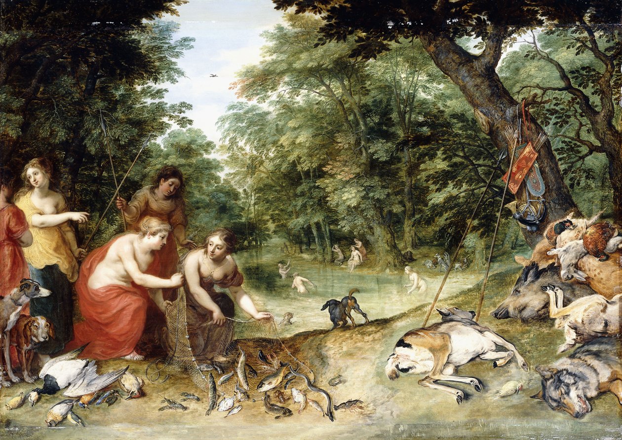 Een Allegorie van de Elementen, Aarde, Lucht en Water: Nimfen die Baden in een Bosrijke Open Plek met Trofeeën van de Jacht in de Buurt, c.1621 door Jan Brueghel the Elder