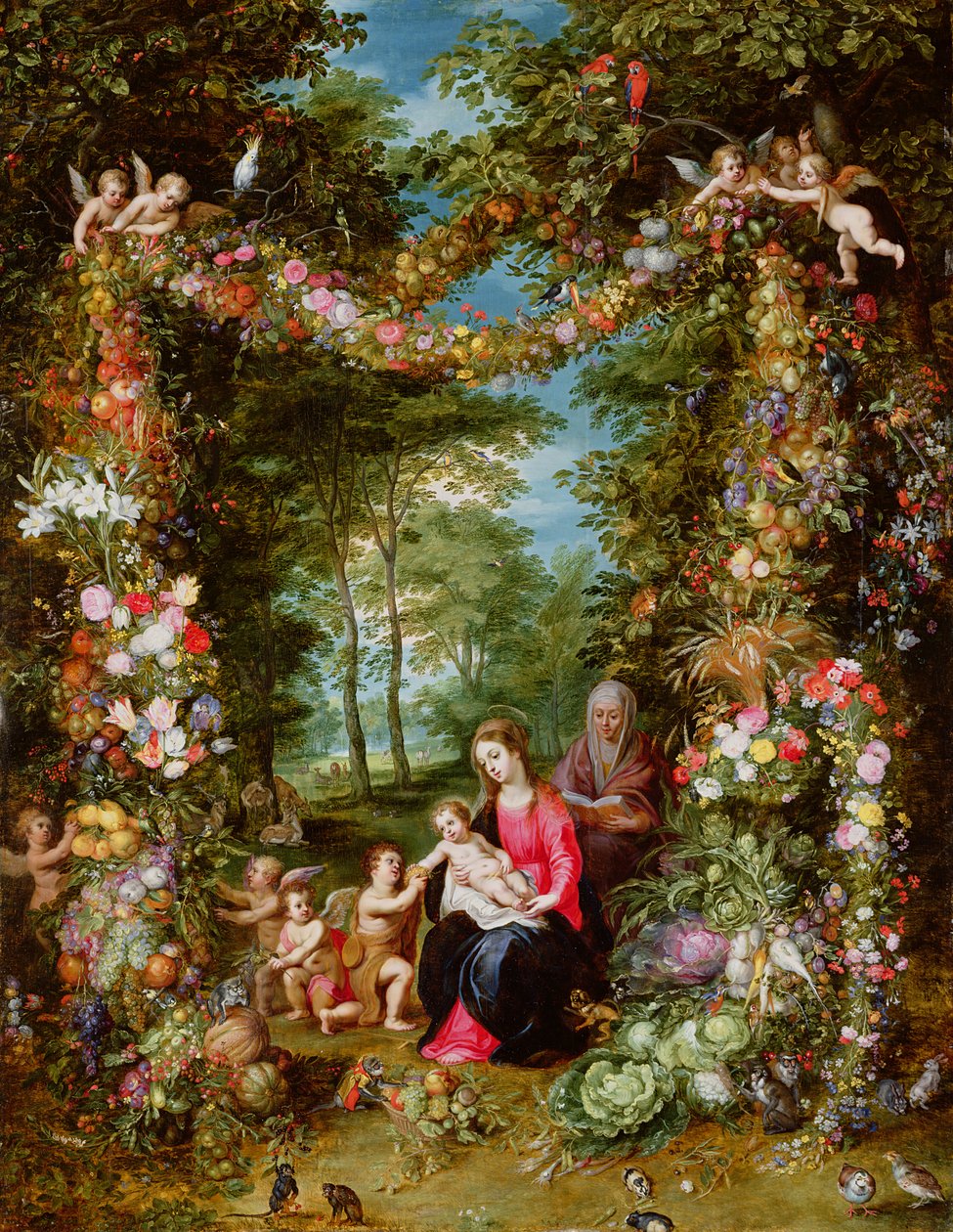 De Maagd en het Kind met de jonge Sint-Jan de Doper, Sint-Anna en engelen, omgeven door een krans van bloemen en fruit door Jan Brueghel the Elder