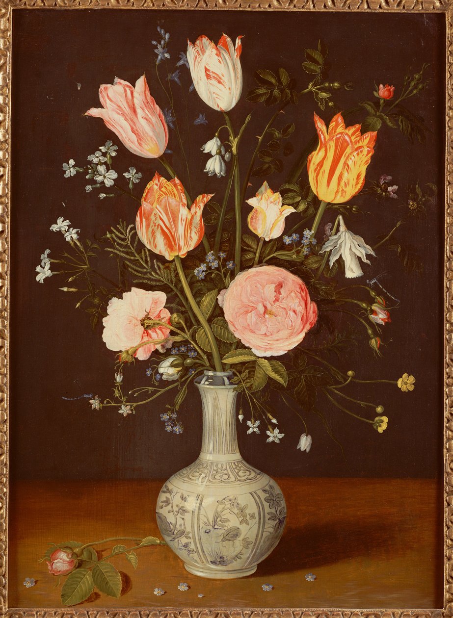 Tulpen, rozen, vergeet-mij-nietjes en andere bloemen in een late Ming blauw-witte vaas door Jan Brueghel the Elder