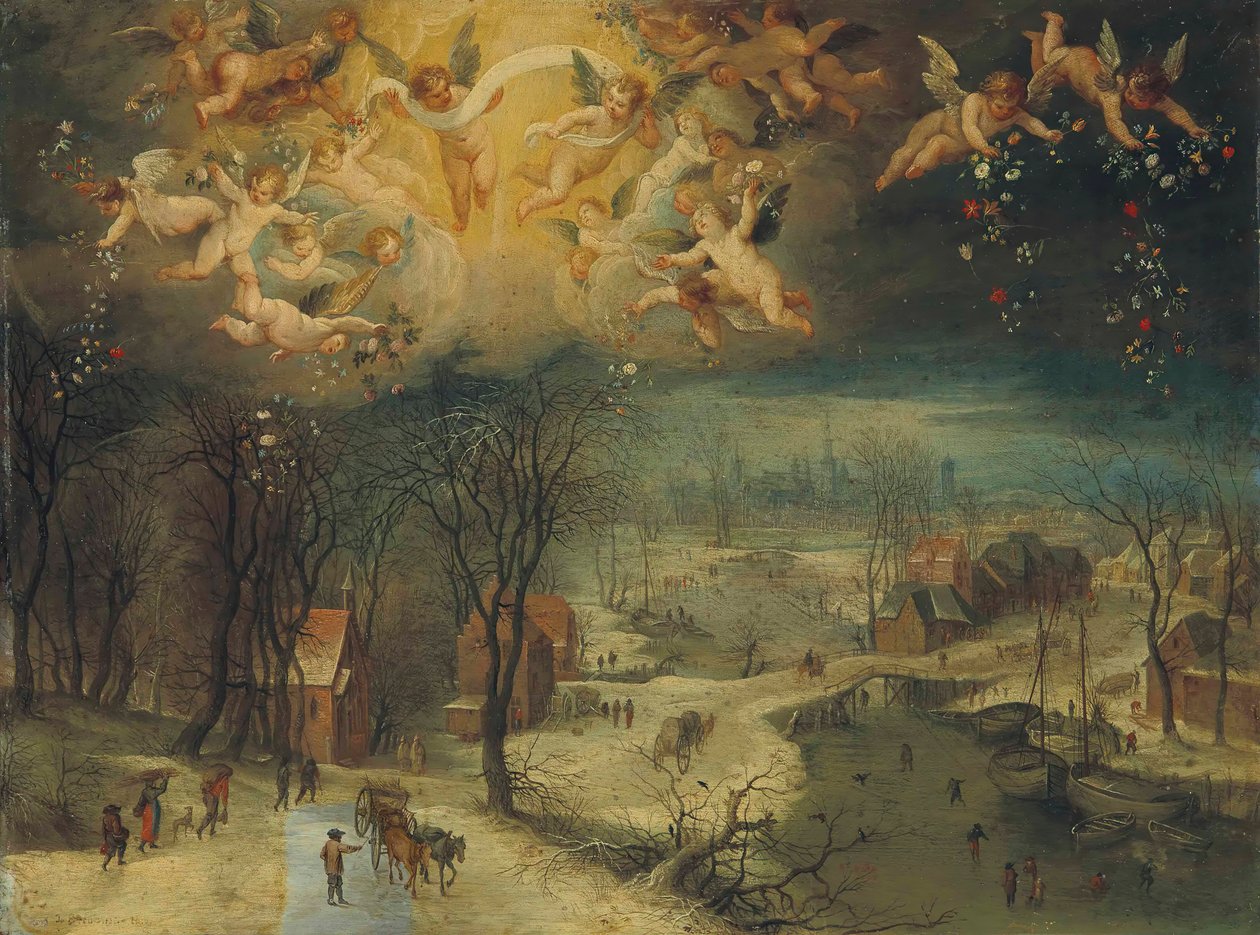 Een winterlandschap met dorpelingen die hout verzamelen en schaatsers op een bevroren rivier, eerste derde van de 17e eeuw door Jan Brueghel the Elder