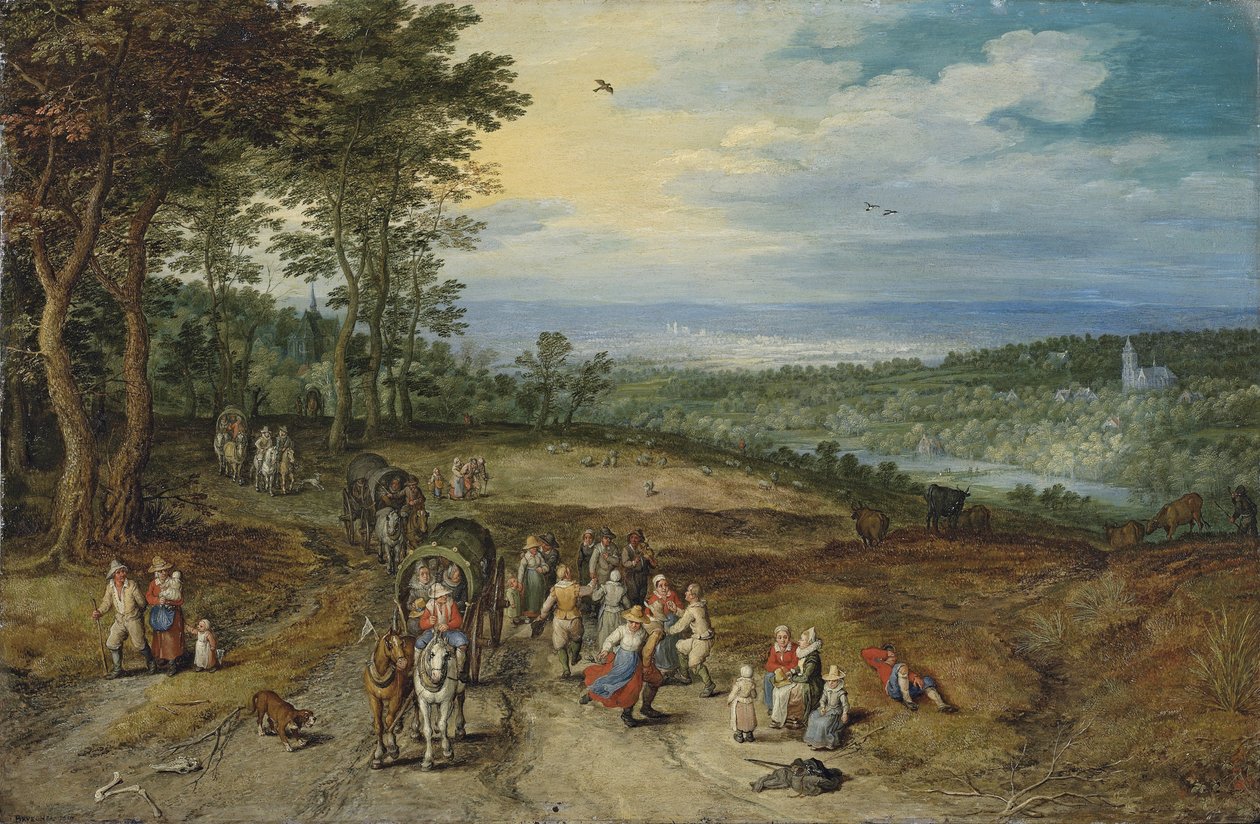 Een uitgestrekt boslandschap met reizigers op een pad en dansende boeren op de voorgrond / Landschap met reizigers en boeren op een pad door Jan Brueghel the Elder