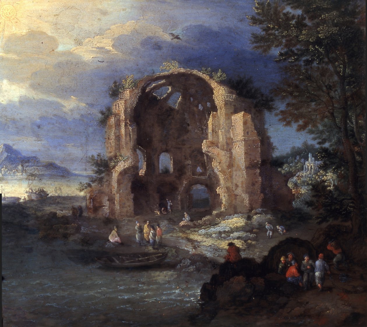Kustlandschap met vissers en ruïnes van de Tempel van Minerva Medica door Jan Brueghel the Elder