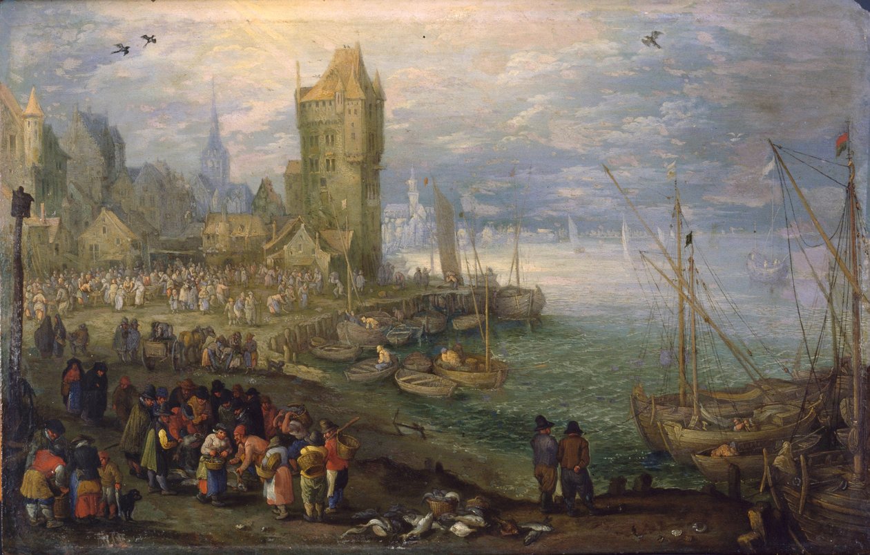 Dutch: Vismarkt bij een haven Fish market near a harbor door Jan Brueghel the Elder