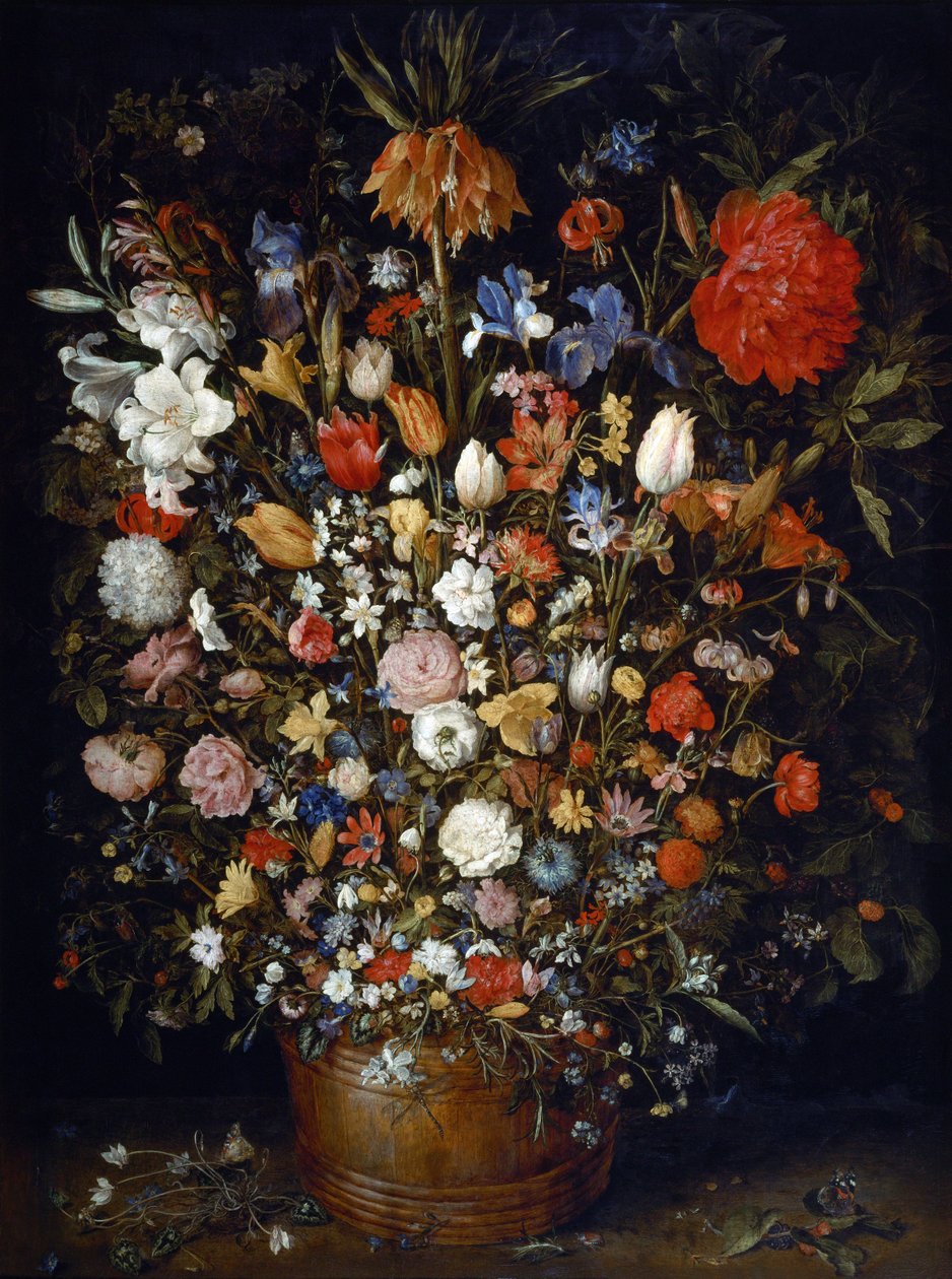 Bloemen in een houten vaas door Jan Brueghel the Elder