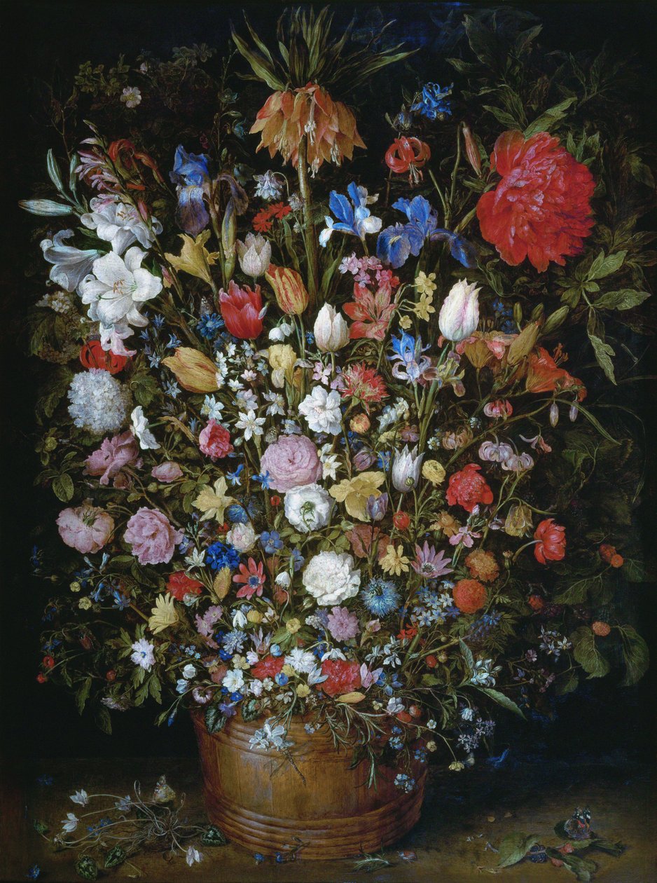 Bloemen in een houten vaas door Jan Brueghel the Elder