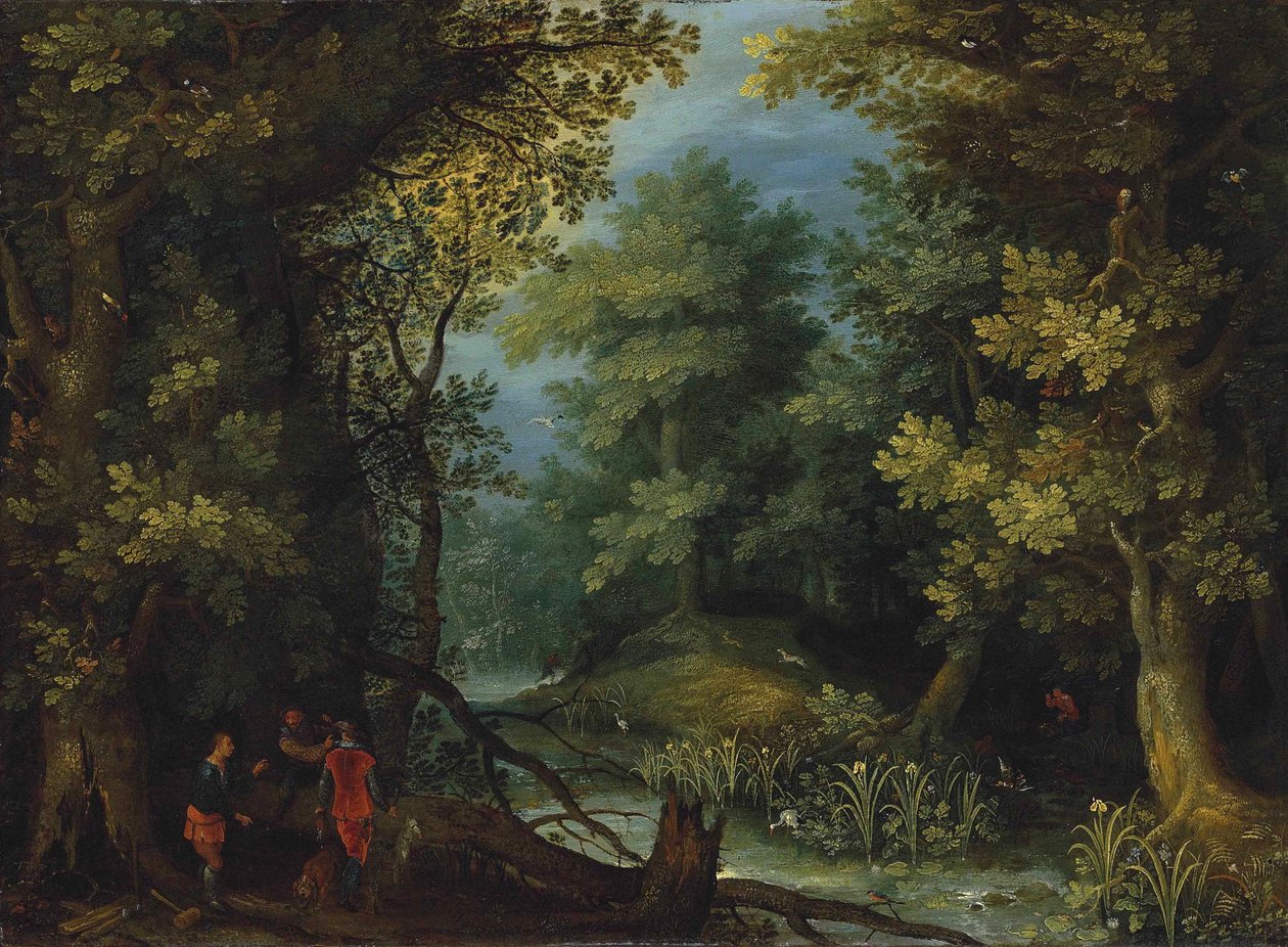 Jagers met honden bij een beek in een bosrijk landschap door Jan Brueghel the Elder