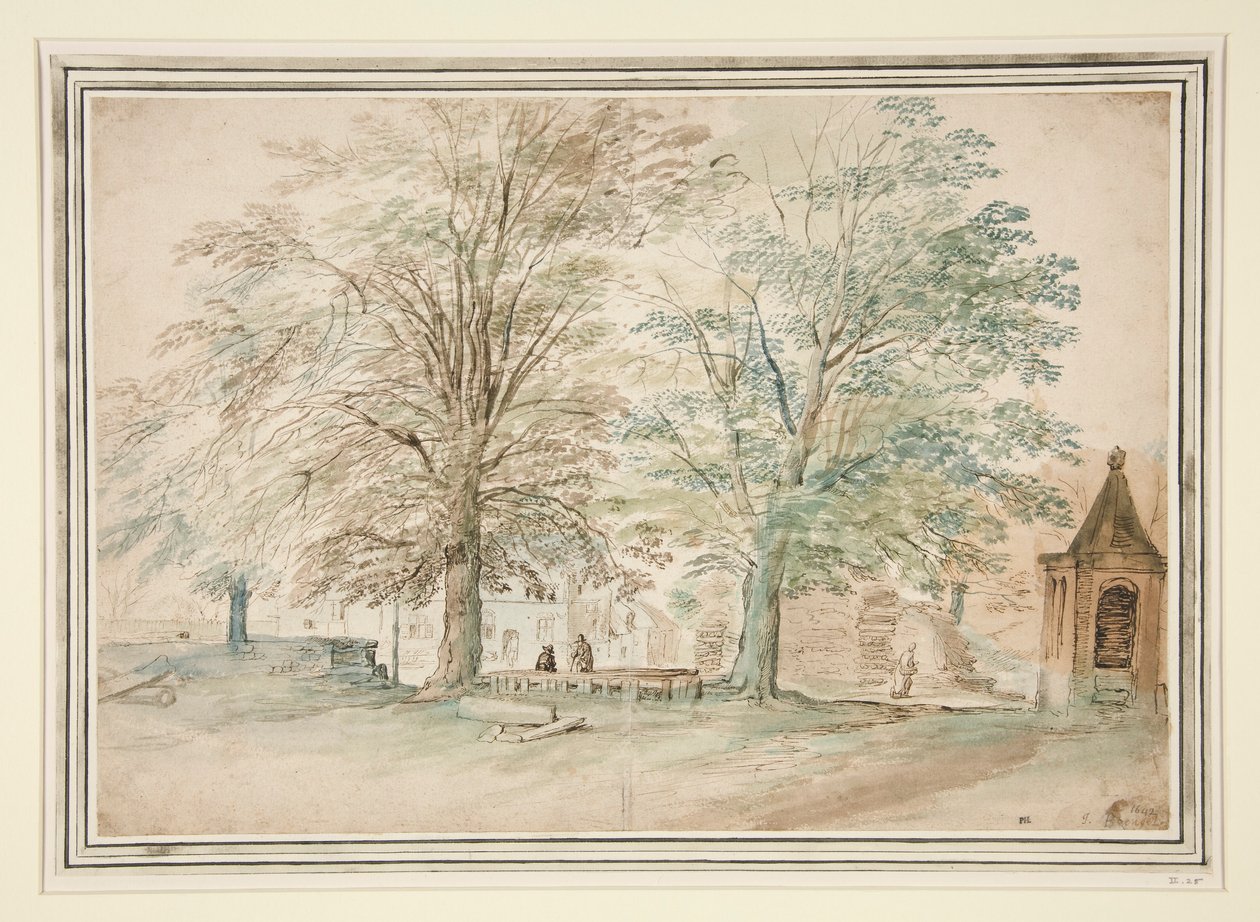Dorpsontmoetingsplaats onder twee oude bomen door Jan Brueghel the Elder