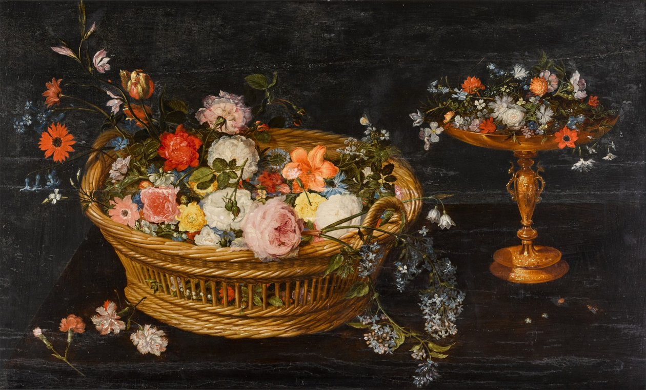 Stilleven met bloemen in een mand en in een vergulde tazza door Jan Brueghel the Younger